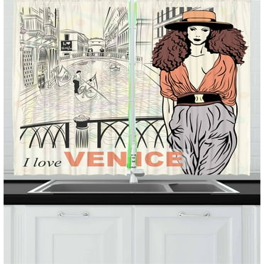 Ambesonne Venice Kitchen Curtains, Fashion Girl Canal Italy, 55"x39", Multicolor