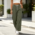 thumbnail image 2 of Women's Cotton Linen Pants Drawstring Elastic Waist Pockets, Solid Color Loose Soft Fit Casual Long Straight | VerBelle,Army Green L, 2 of 8