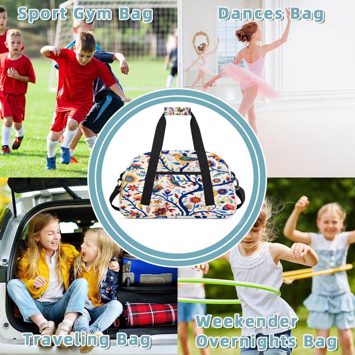 Herdesigns Sports Duffle Bags Travel Duffle Bag Gym Bag Mexico Floral Ethnic Bird Weekender Travel Bag Waterproof Overnight Bag Carry On Travel Tote Bag Dance Bags
