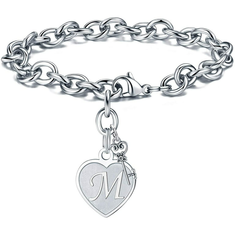 Monily Initial Bracelet for Girls Stainless Steel 26 Letters A to Z Heart Bracelet Alphabet Jewelry for Girl