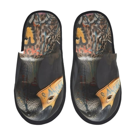 Balery Graffiti Cool Duck Slient Indoor Furry Fleece Comfort House Shoes Soft Non-Slip Home Shoes Cotton slippers House Slippers-- Large