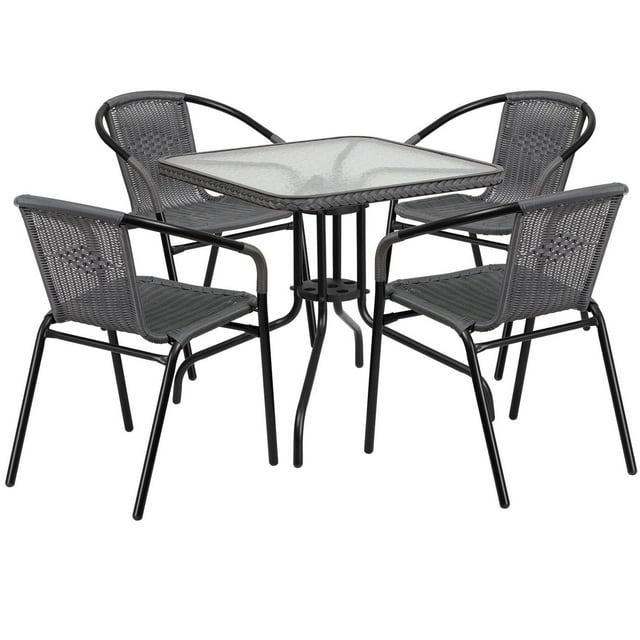 28'' Square Glass Metal Table with Black Rattan Edging and 4 Black Rattan Stack Chairs