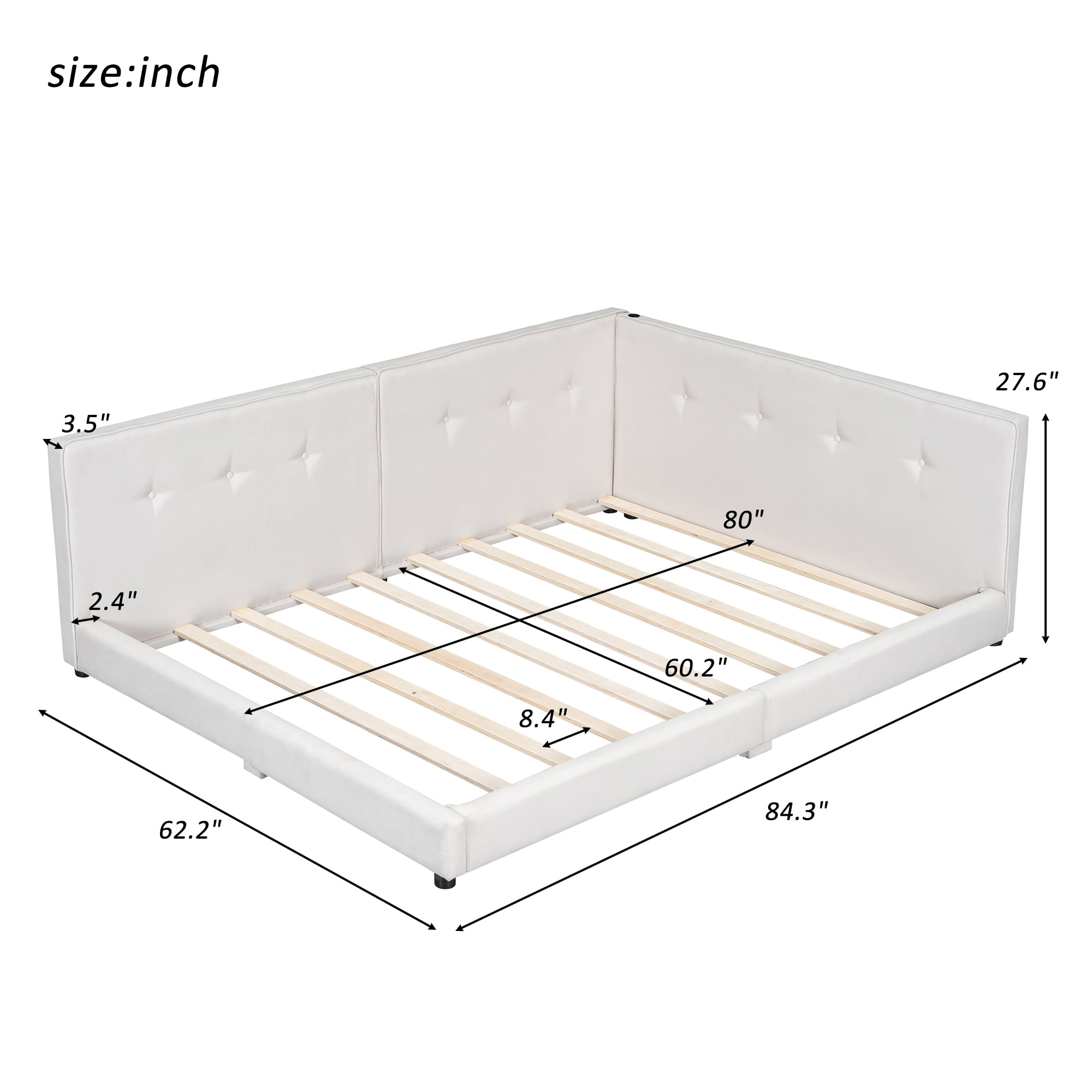 Euroco Upholstered Queen Size Platform Bed with USB Charging Station, Beige