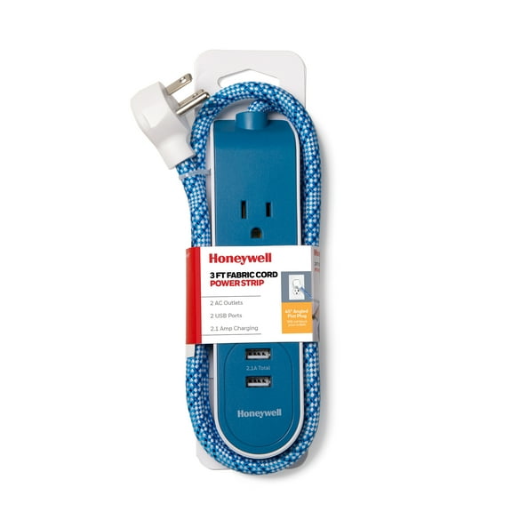 Honeywell Powerstrip with 2 AC Outlets, 2 USB Ports, 3 ft. Fabric Cord (Blue/White)