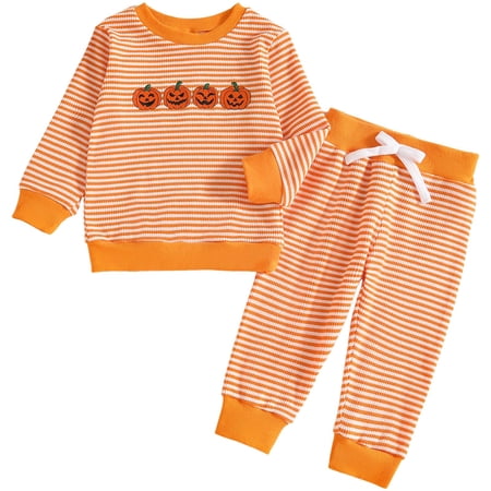YDFCWXW Toddler Baby Girls 3PCs Outfits Long Pullover Ruffle Shirt Flared Pants Set Winter Clothes (Orange 12-18 Months)