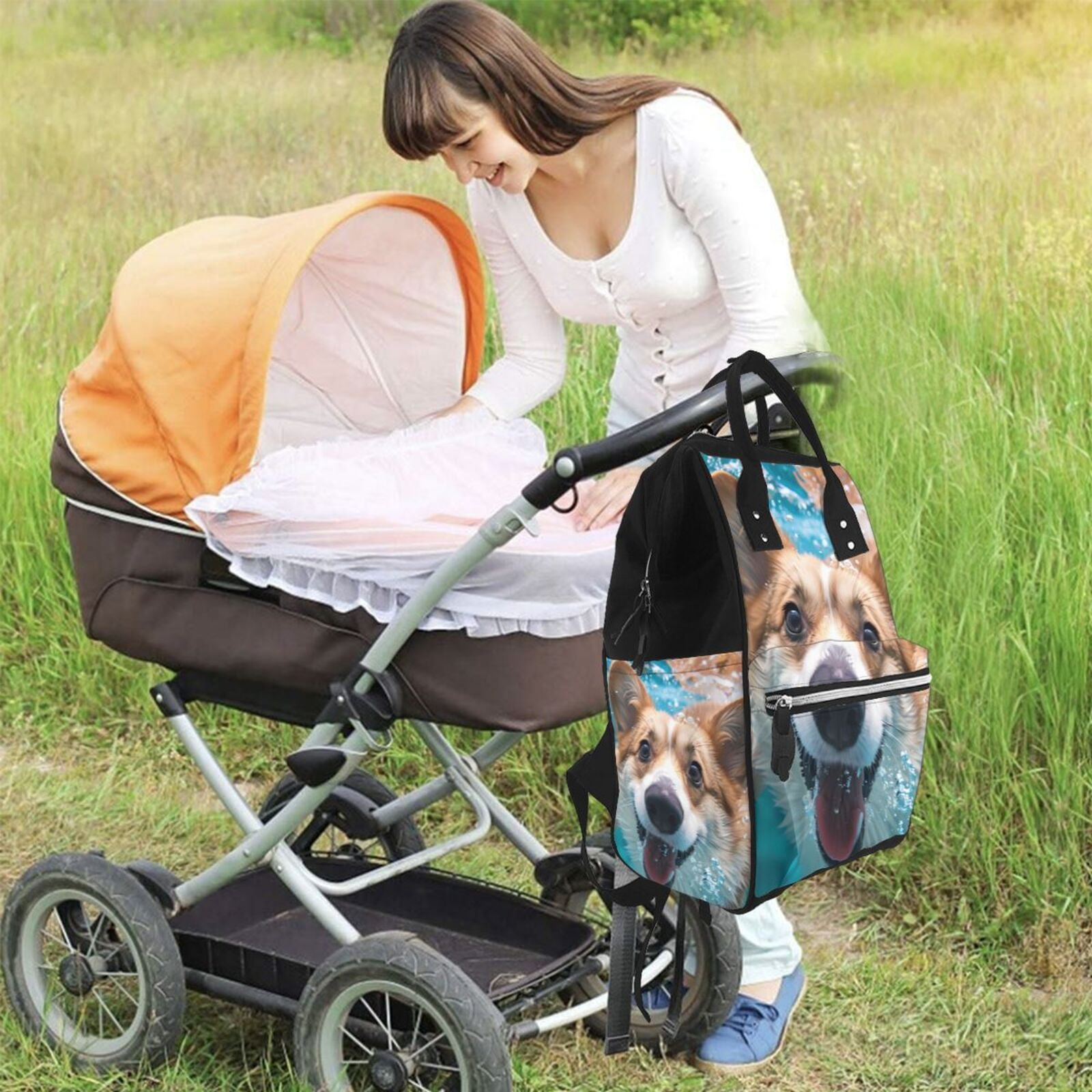 Kdxio Baby Diaper Backpack,Multi-Function Travel Backpack Nappy Bags,Nursing Bag, Fashion Mummy,Roomy Waterproof for Baby Care(Sea Swimming Corgi)