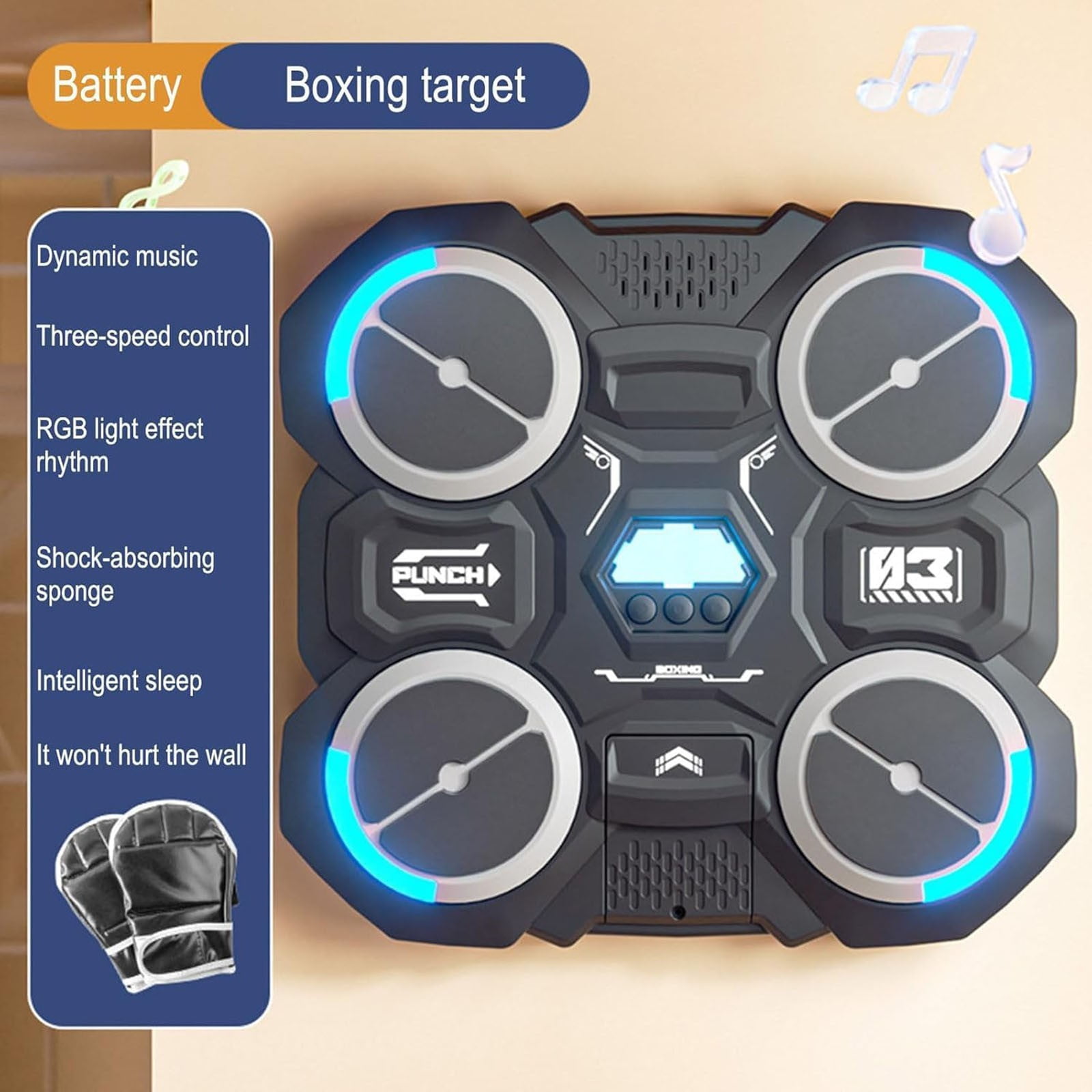Music Boxing Machine with LED Counter, Boxing Trainer with Gloves for Home Gym, 3 Modes Bluetooth Fitness Equipment for Cardio Workout