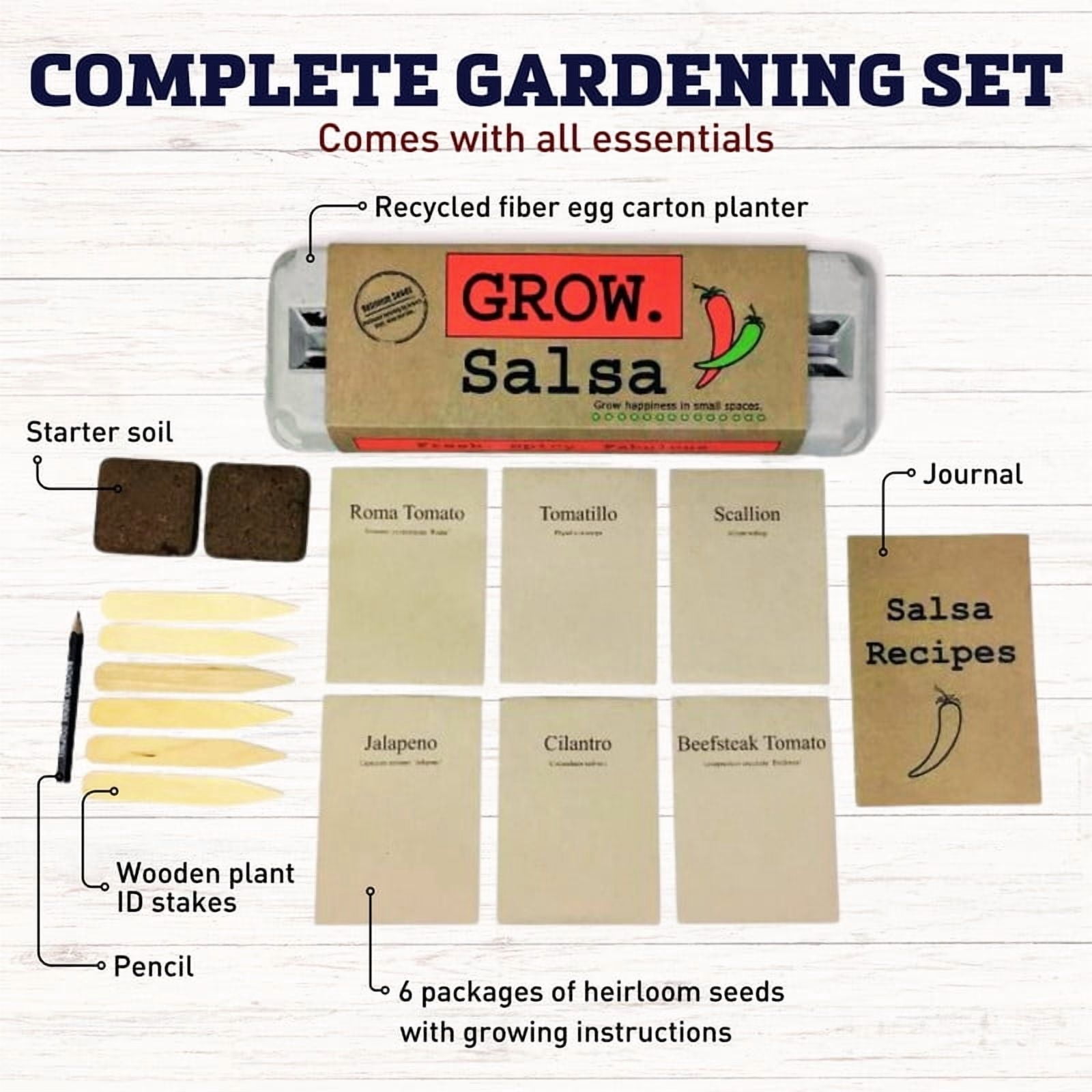 Harris Seeds Grow Gardens Grow Salsa Kit with Heirloom Seeds, Egg Carton Planter and Recipes