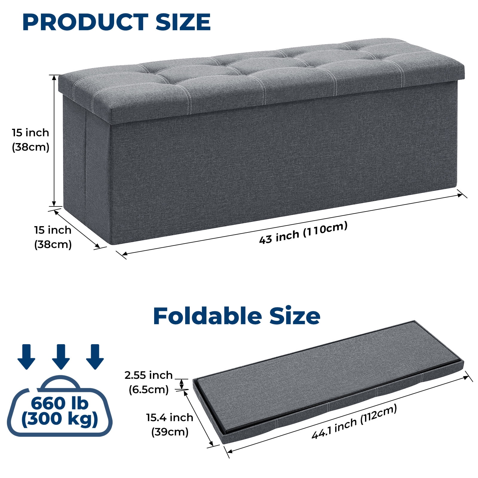 Lusimo 43" Storage Ottoman Bench with Divider, Multifunctional Foot Stool, Toy Chest & Shoe Bench for Bedroom, Living Room, and Entryway, Foldable Storage Chest with Seating, Gray