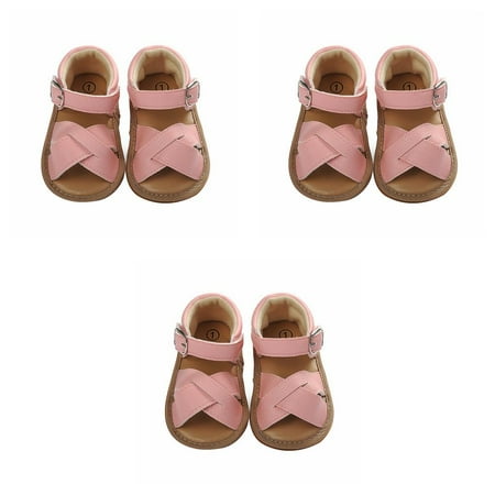 

3pcs 1 Pair Baby Walking Sandals Newborn Babies Girls Non-slip Open Toe Design Sandals Leather Shoes Pink L