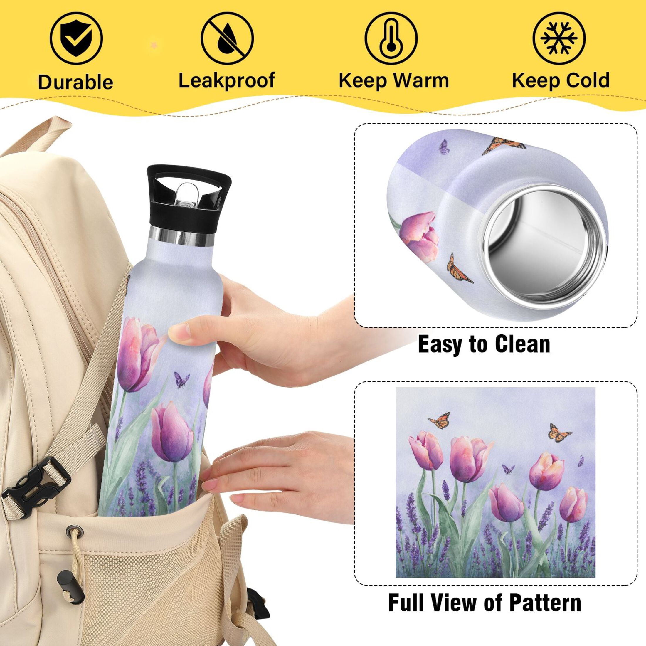 Kids Insulated Stainless Steel Sports Water Bottle 600ml (20oz) Watercolor Tulips and Lavender