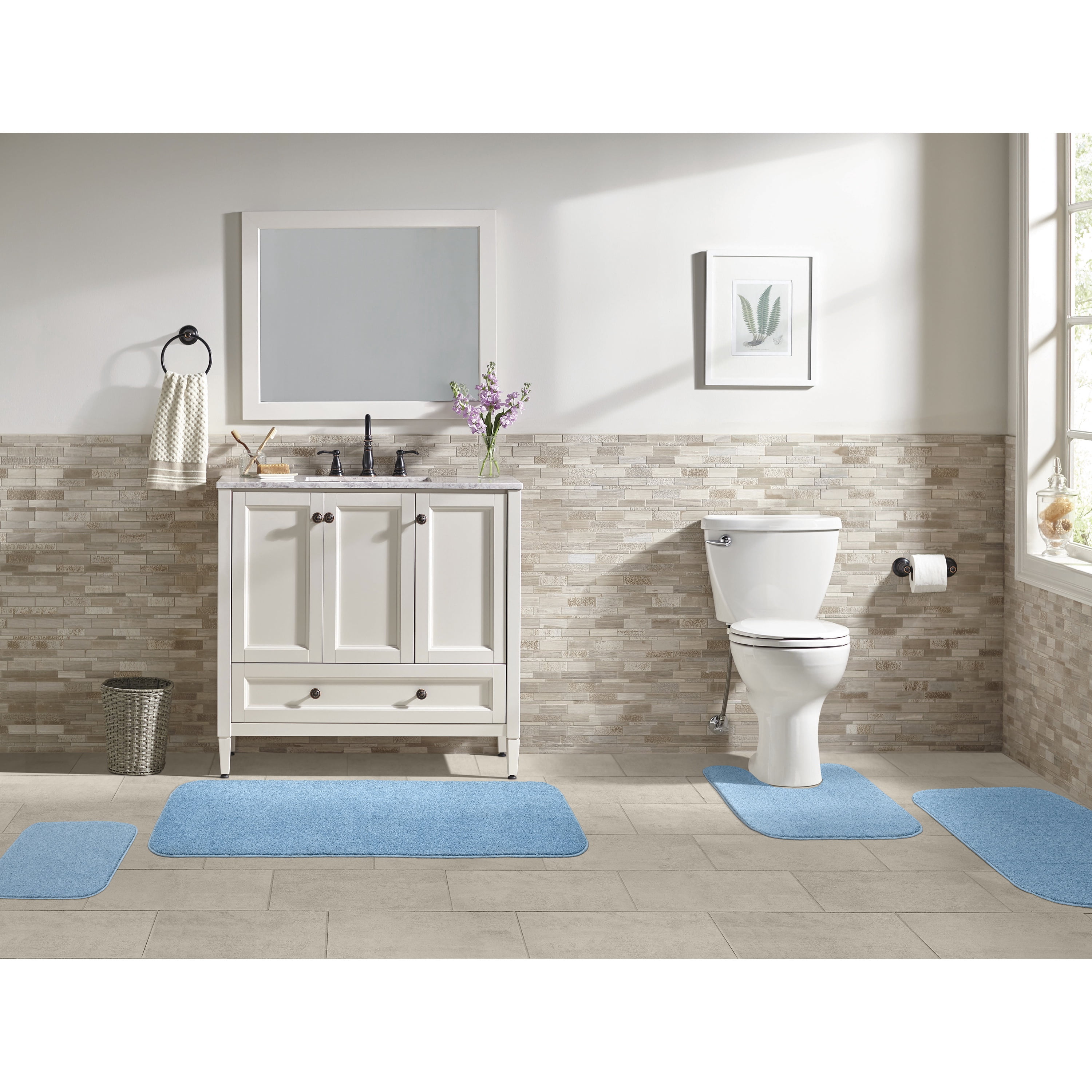 Garland Rug Gramercy Washable Bath Rug Set, 4-Piece (2 Bath Rugs, Contour Rug, Runner Rug) Basin Blue