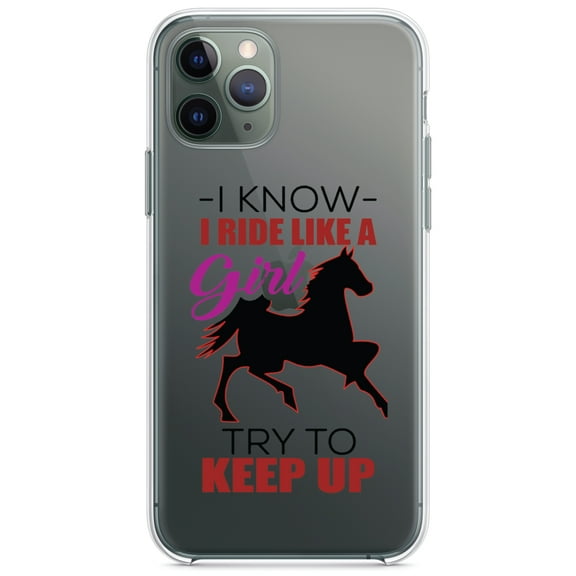 DistinctInk Clear Shockproof Hybrid Case for iPhone 13 Pro MAX (6.7" Screen) - TPU Bumper Acrylic Back Tempered Glass Screen Protector - I Ride Like A Girl - Try To Keep Up - Horse