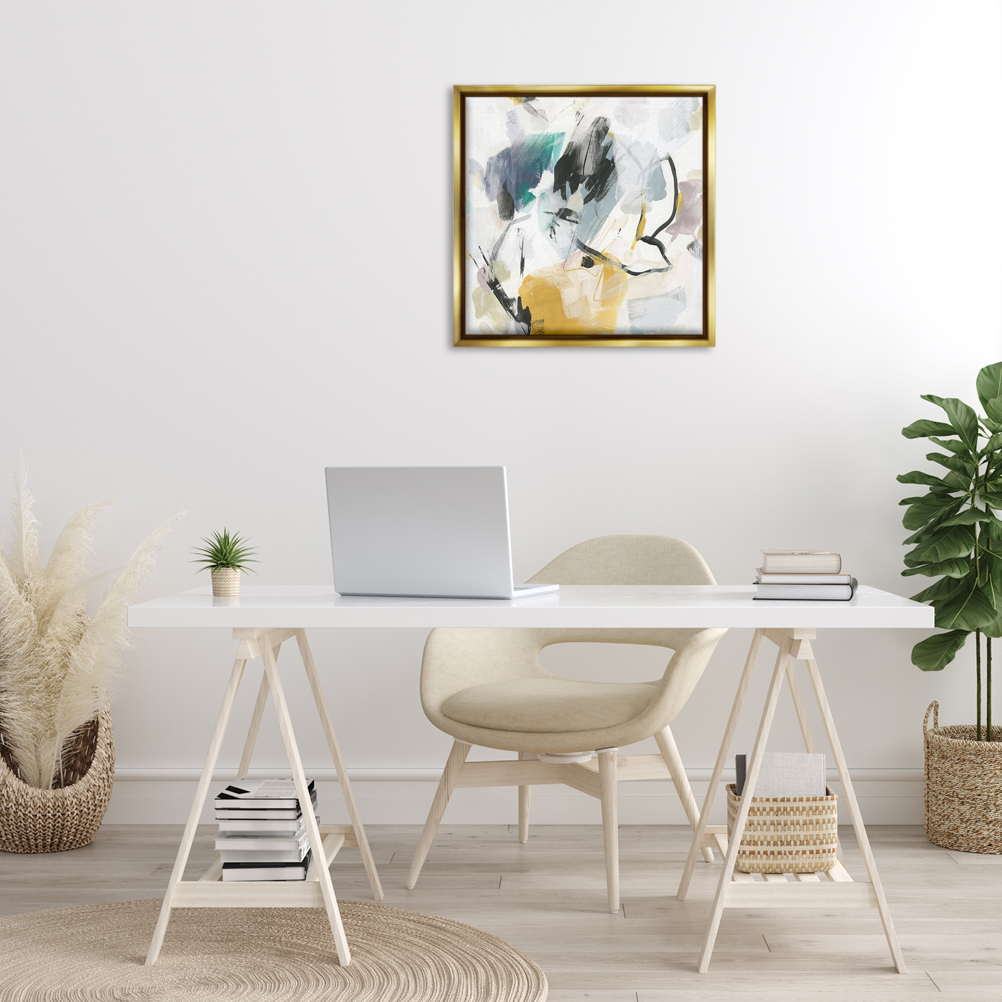 Stupell Industries Chaotic Abstract Yellow Accent Abstract Painting Gold Floater Framed Canvas Art Print Wall Art, 25 x 25