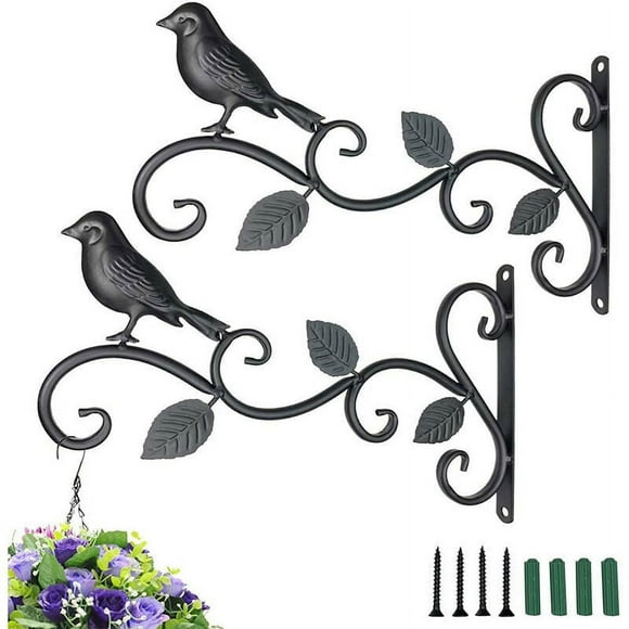 European Style Wrought Iron Flower Basket Wall Hanging (Bold Clover with Bird 0.8 Black Tube 2pcs) for Home and Garden Decor