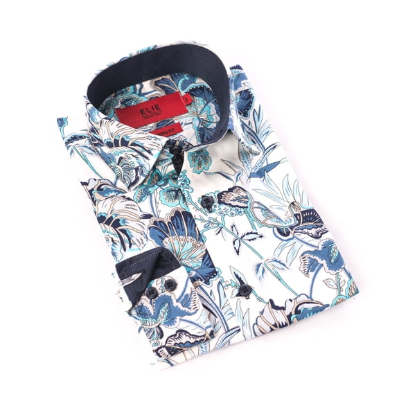 Elie Balleh White Wild Flower Design Men Button Down Shirt