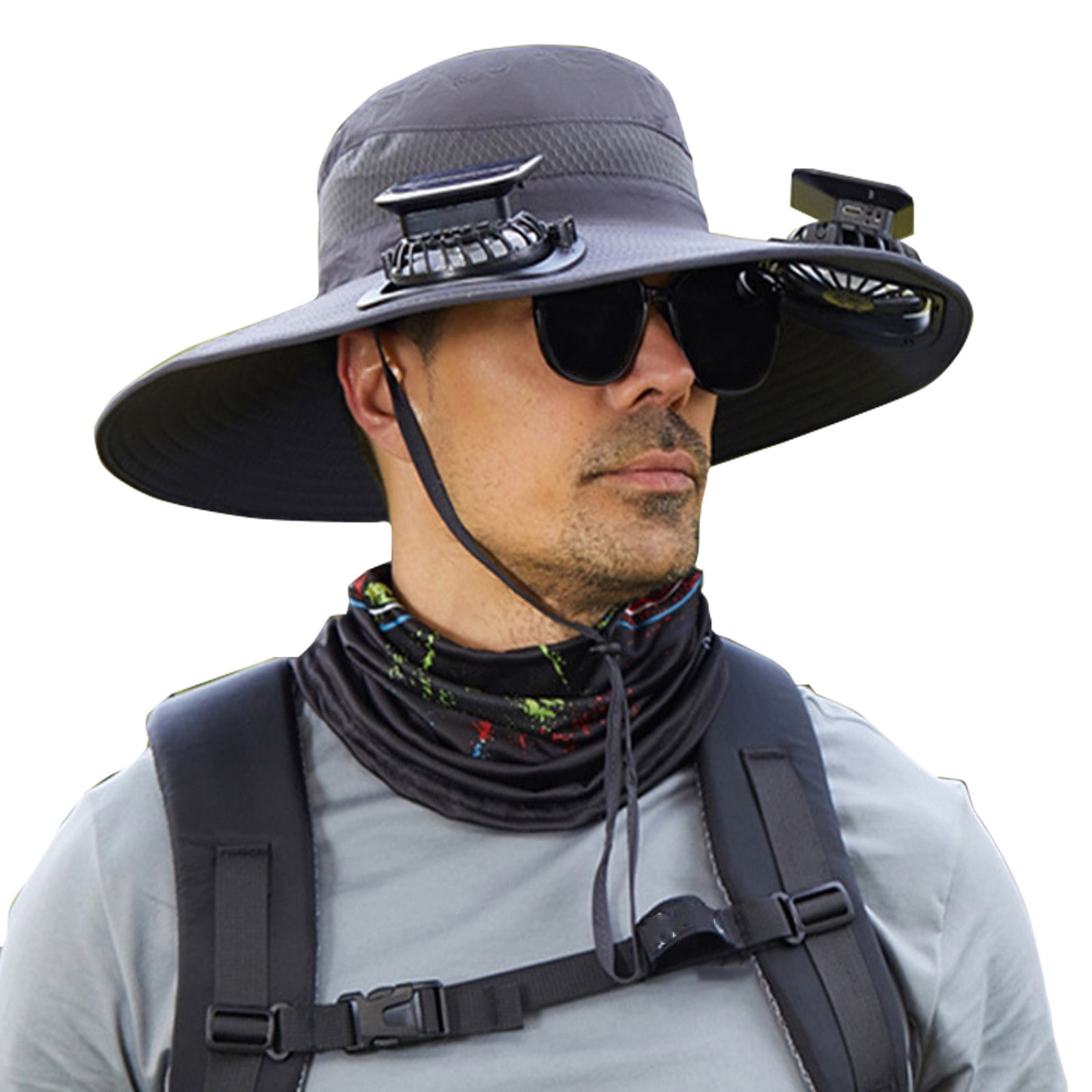 Solar Powered Fan Hat - Mens Sun Fishing Hat with Fan Built In - Wide Brim Hat Outdoor with 2 Solar Fan - Sunscreen Sombrero for Men - 3 Speed Adjustable