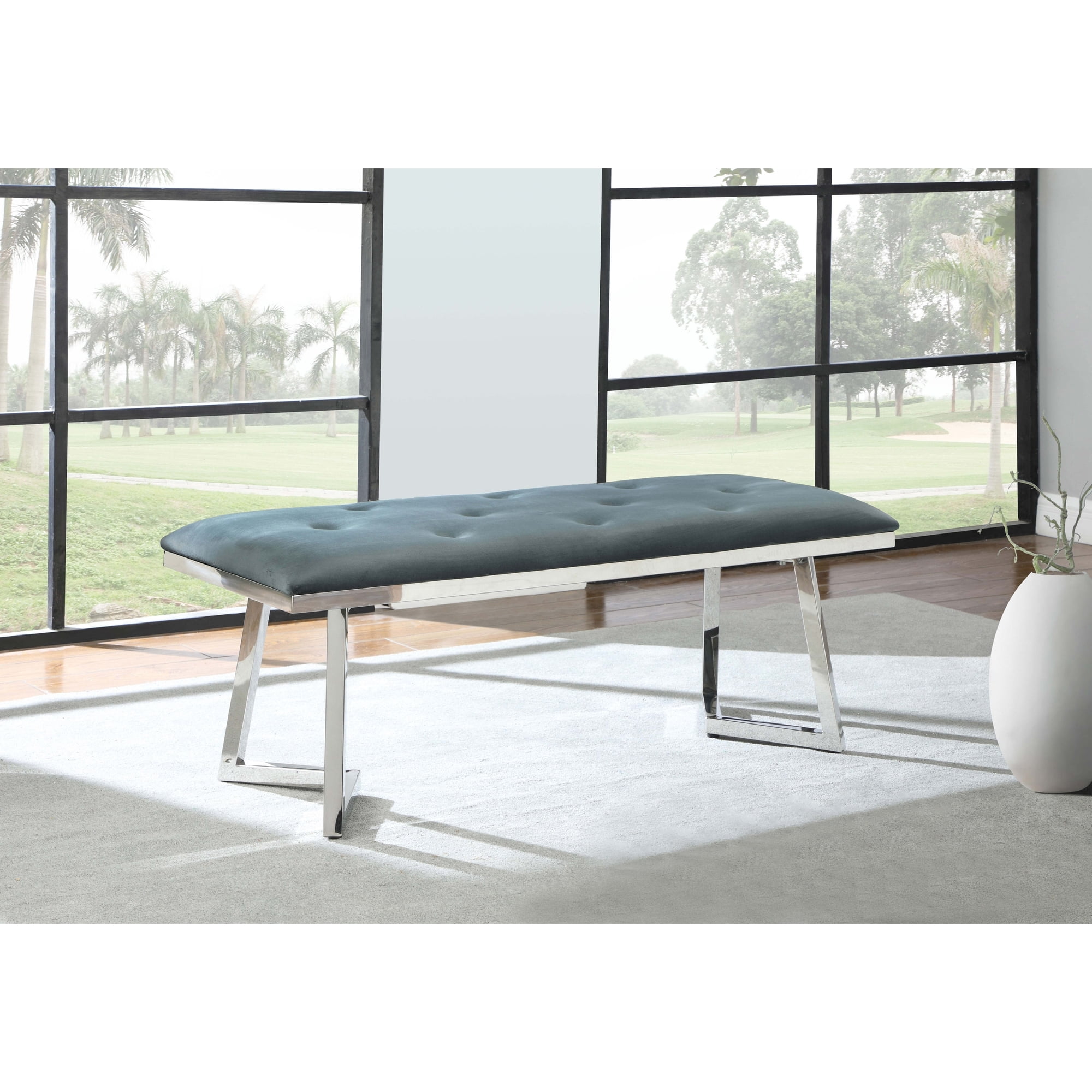 Dark Grey Upholstered Tufted Bench with Chrome Frame for Entryway Bedroom or Living Room Seating