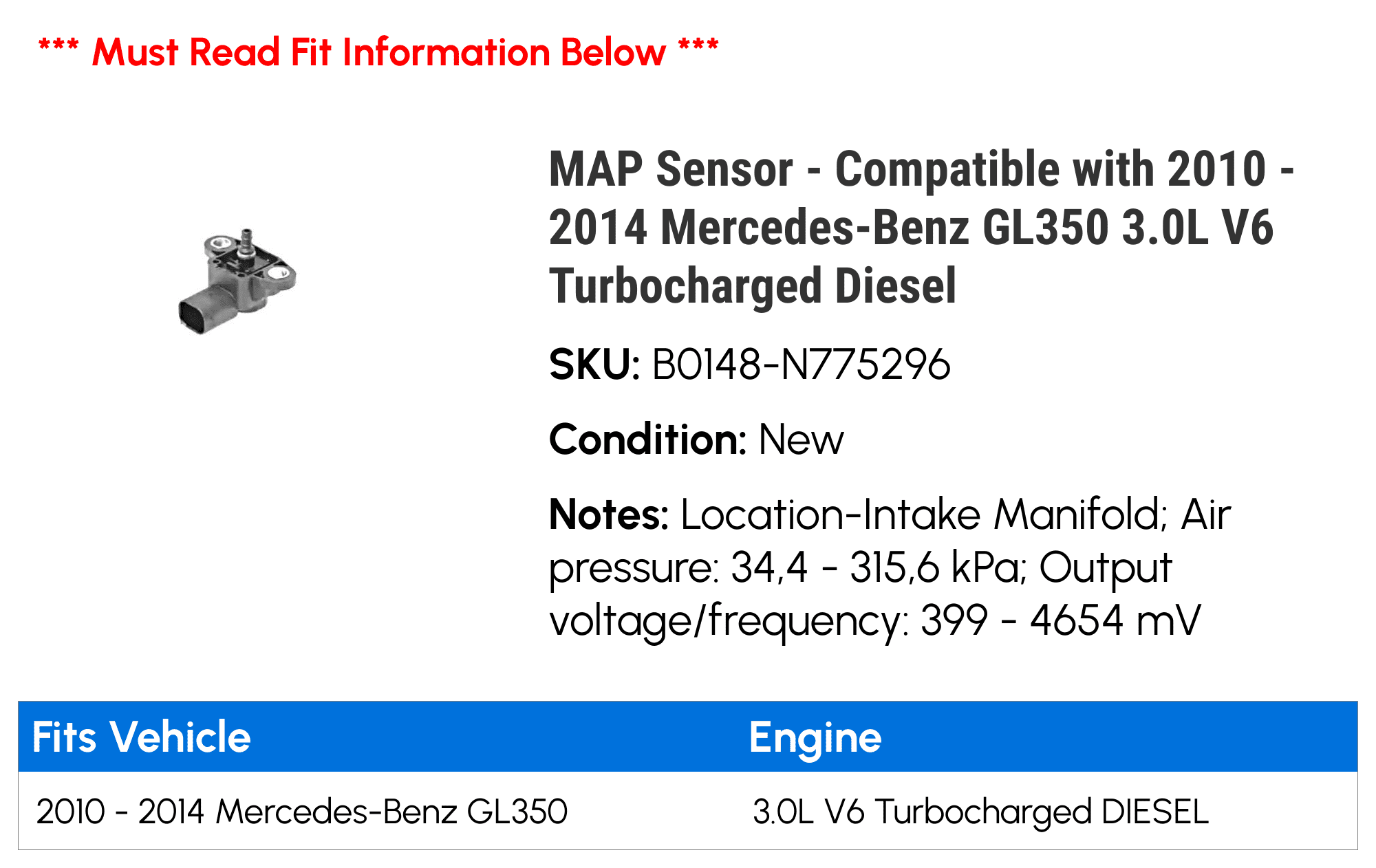 MAP Sensor - Compatible with 2010 - 2014 Mercedes-Benz GL350 3.0L V6 Turbocharged Diesel 2011 2012 2013