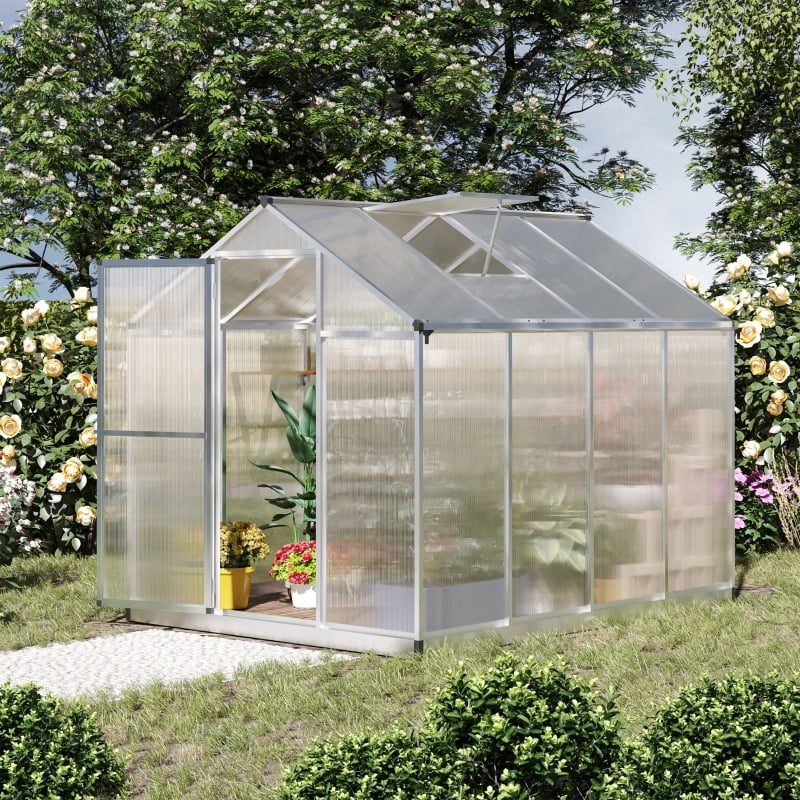 Alvantor Clear 8' L x6' W x6.4' H Walk-in Polycarbonate Greenhouse with Roof Vent & Rain Gutter