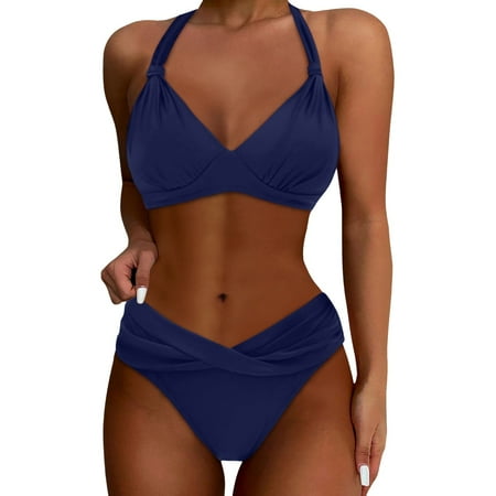 JIANJIA Swim Suits for Women Summer Solid Color Lace Up Halter Push Up Bra And Panty Set Vintage Two Piece Tankinis Swimwears Beachwear Blue S