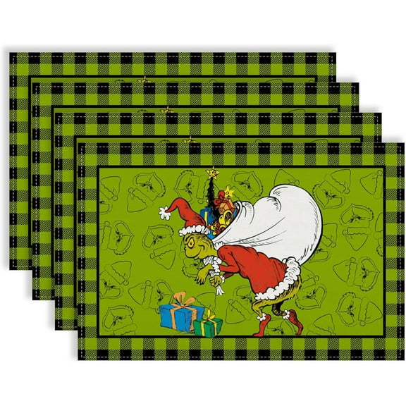 Green Christmas Placemats for Dinning Room Kitchen Table Merry Christmas Xmas Winter Holiday Party Tablemats Decoration -Pack of 4