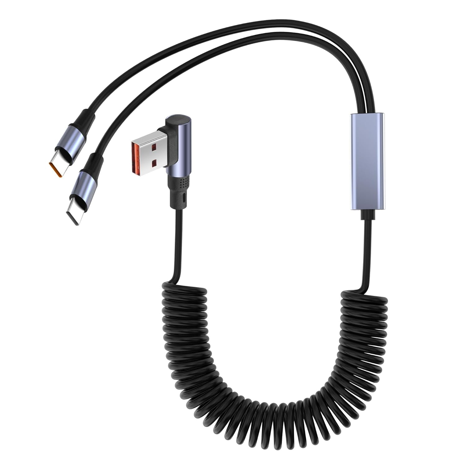 HRTGFD-2 in 1 Coiled USB Charging Cable, 90 Degree USB 1 to 2 Fast Charging Cord, Spring Retractable Charger Cable for Phones, Tablets, Power Banks (2 Type C)