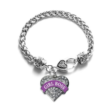 Purple Script Girl Boss Pave Heart Charm Bracelet