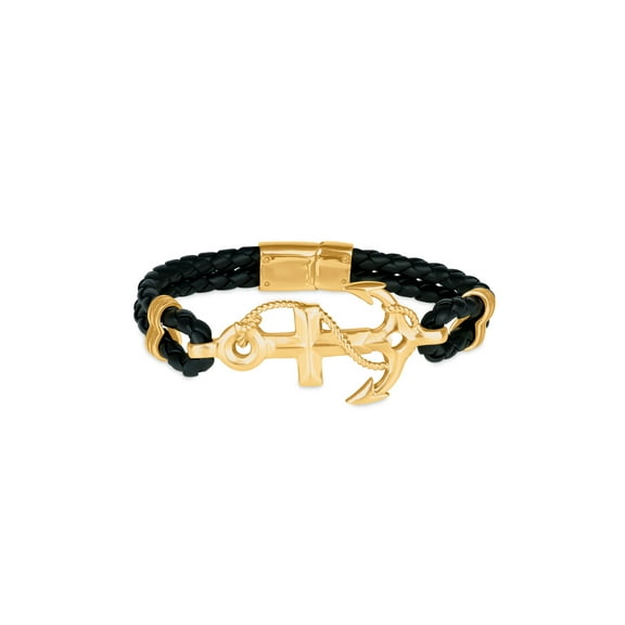 316L Stainless Steel Gold IP Anchor Cross Double Braided Leather Bracelet, 8.5"
