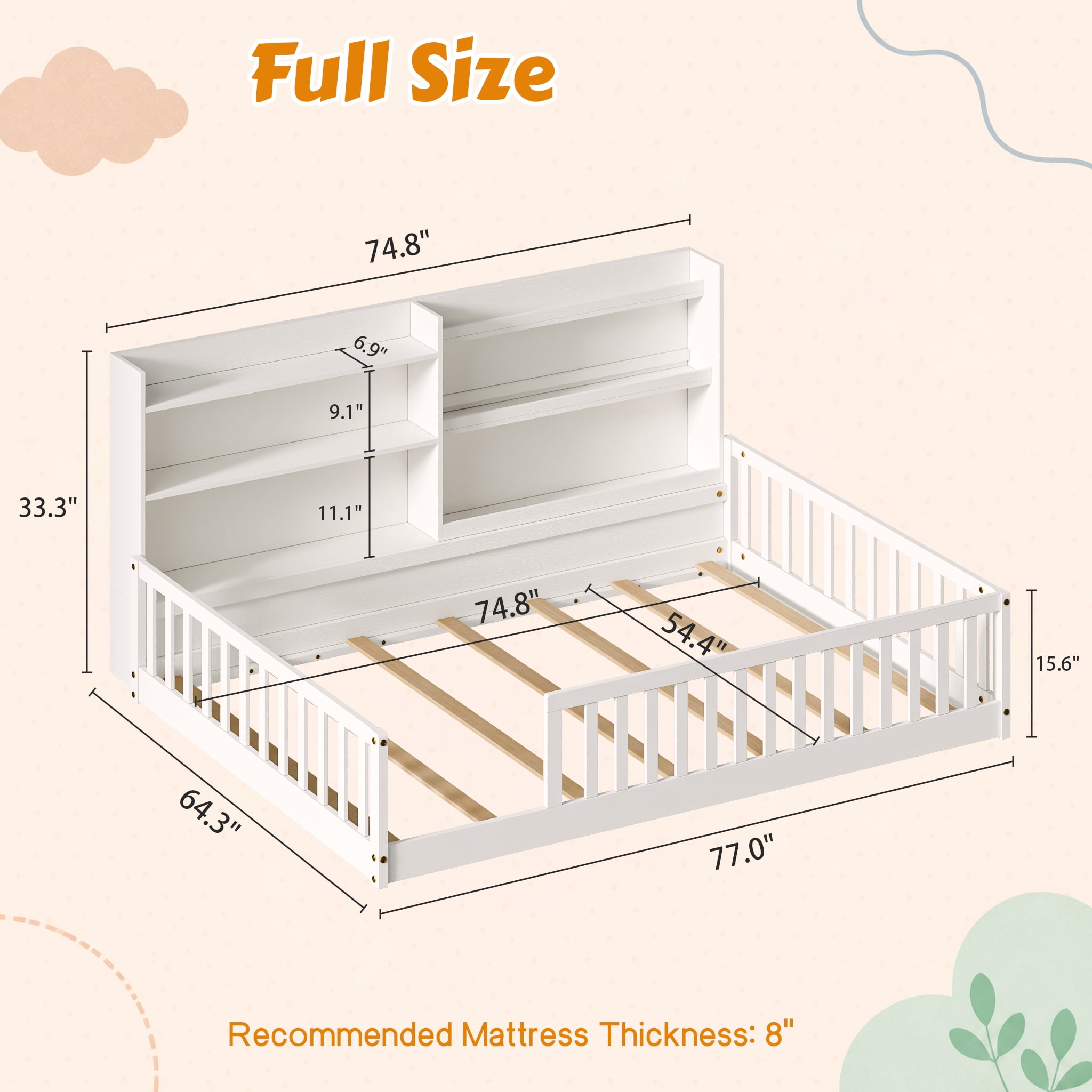 Garitin Full Floor Bed and Montessori Kids Bed 77.2 Inch, Solid Pine Wood Frame with Bookshelf and Safety Rails for Children Bedroom, White