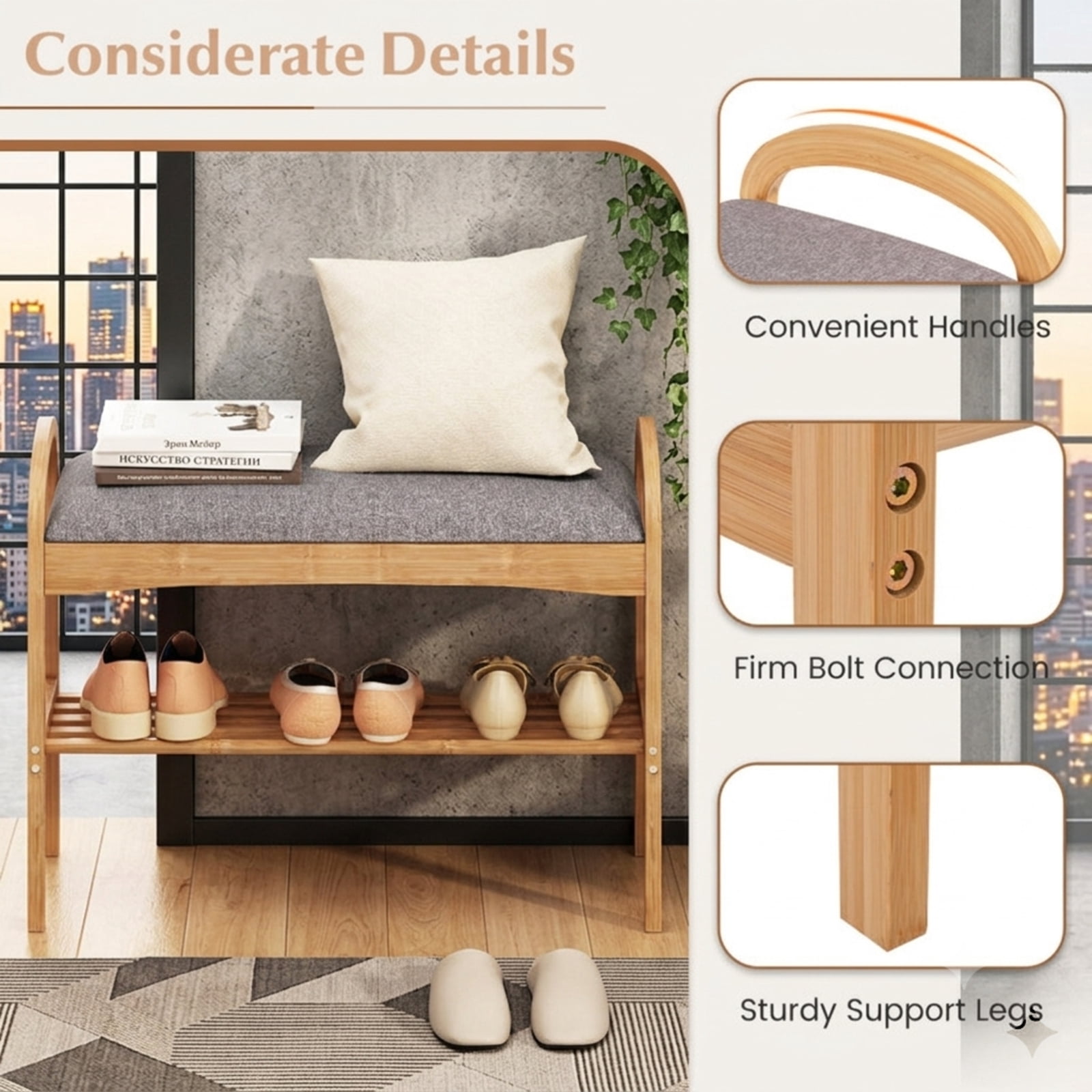Furnibear 2 Tier Bamboo Shoe Bench with Padded Cushion and Slatted Shelf for Entryway Hallway and Bedroom Shoe Storage, Gray