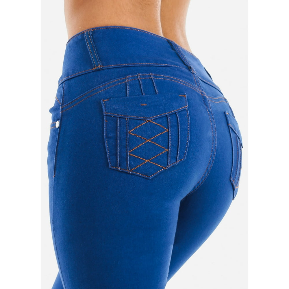 Moda Xpress Womens Skinny Jeans Butt Lifting Mid Rise Blue Denim