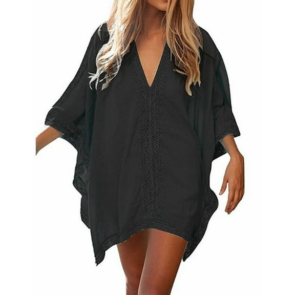 Swim Cover Ups for Women Plus Size Deep V-Neck Oversized Swimsuit Cover Up Lace Stitching Slightly See-Through Bathing Suit Cover Up Shermie