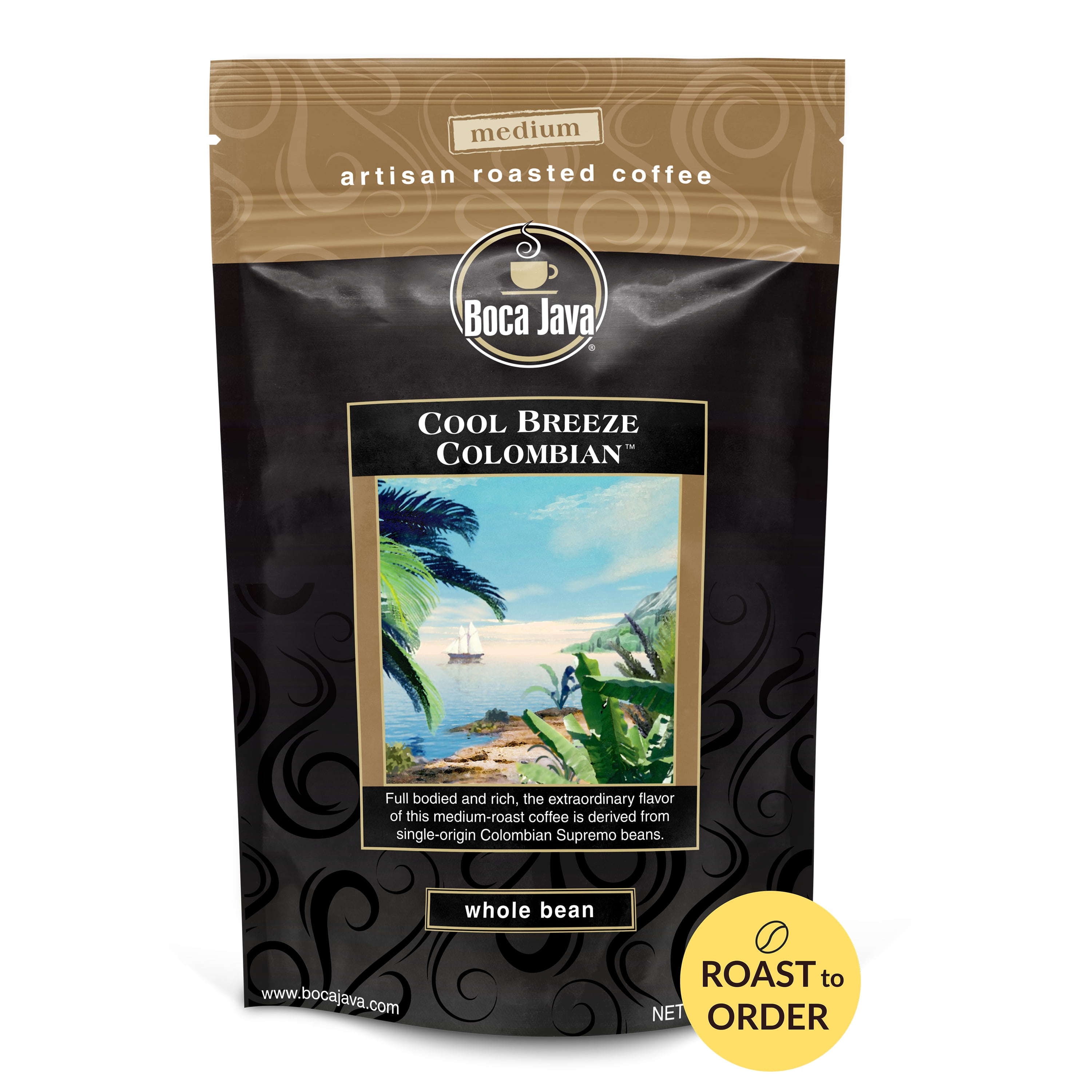 Boca Java Cool Breeze Colombian Single Origin Whole Bean Coffee, Medium Roast, 8 oz. Bag, 100% Arabica, Roast to Order