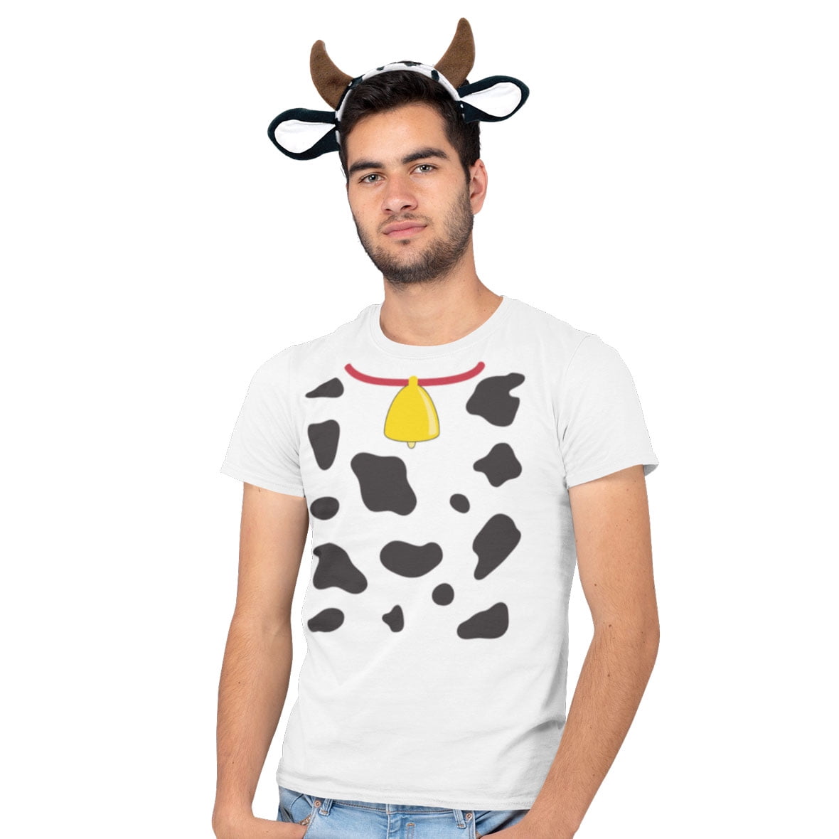 animalworld Halloween Costume Cow Pattern All Over Mens Costume T Shirt with Cow Ears Headband