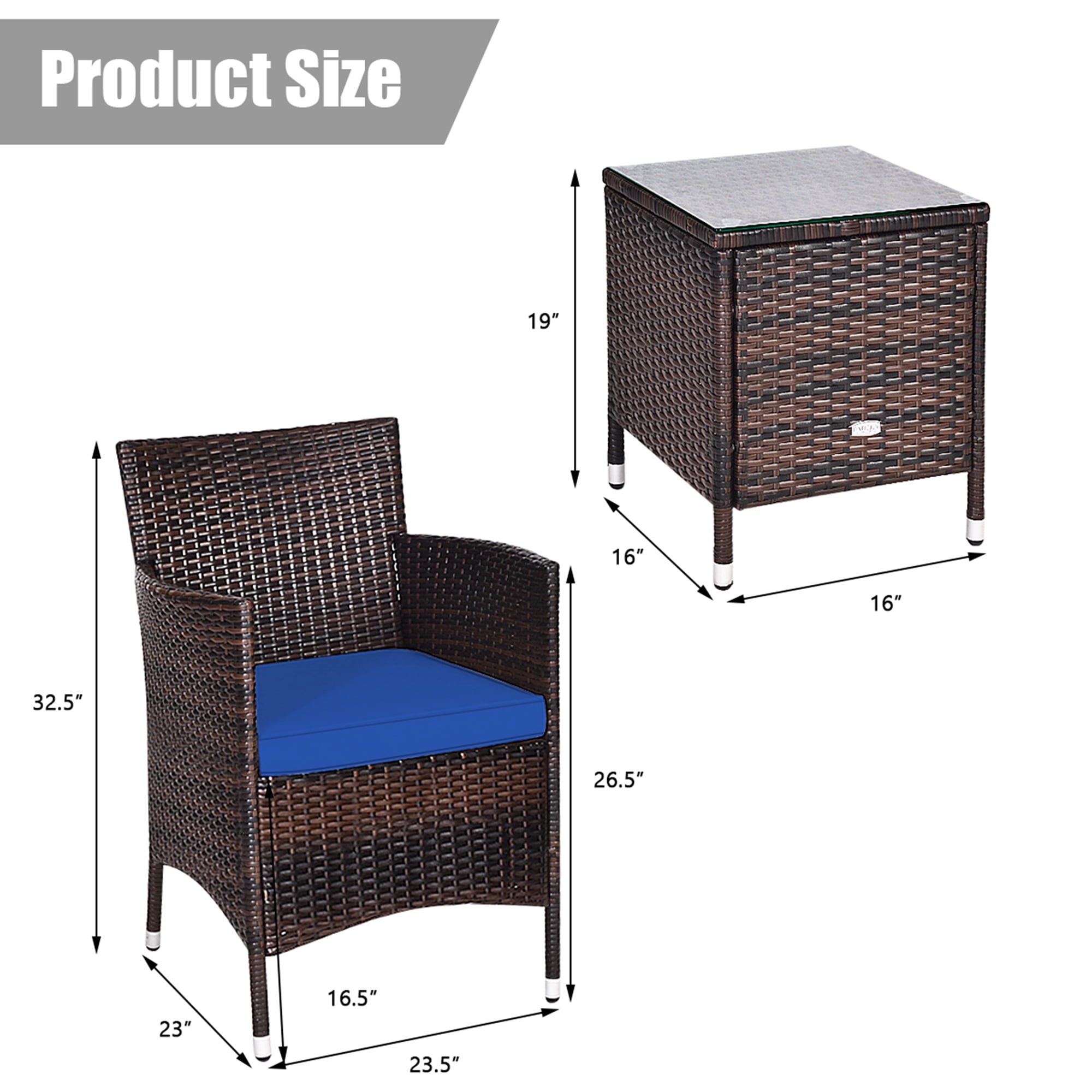 Gymax 3PCS Patio Rattan Chair & Table Furniture Set Outdoor w/ Navy Cushion