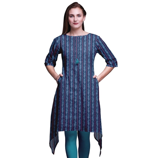 Bimba Hauts Imprimés Feuille Bleue & Paisley pour Femmes Kurti Asymétrique Robe d'Été pour Filles TTG