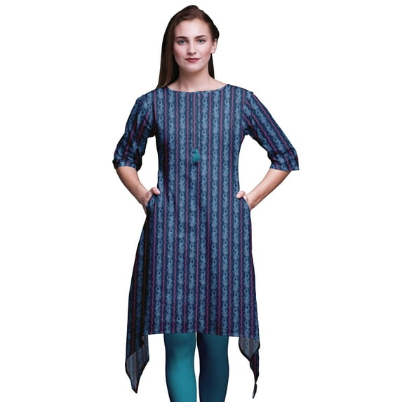 Bimba Blue Leaf & Paisley Indian Tunic Tops For Girls Printed Casual Top For Women Ethnic Kurti Medium