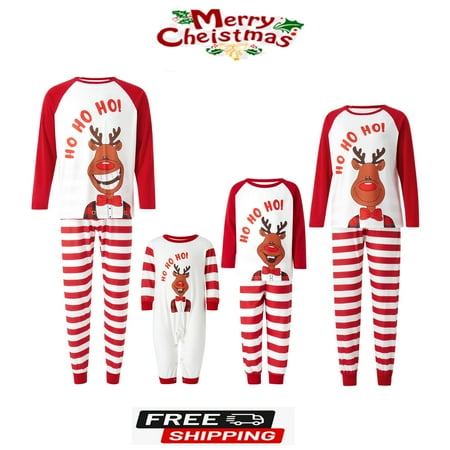 

Sunisery Christmas Pajamas for Family Cartoon Elk Print Long-Sleeve Tops with Striped Pants Sleepwear for Adult Kid Baby