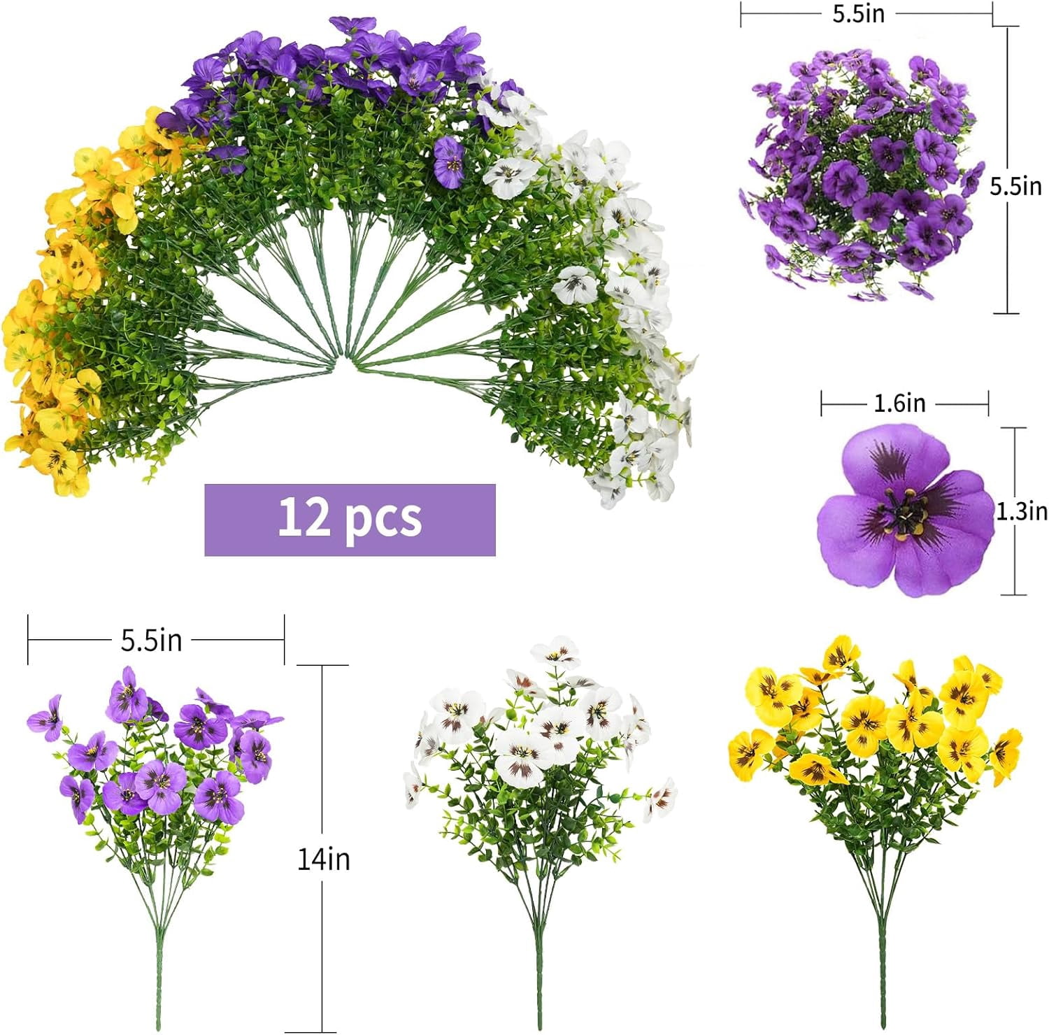 12 Bundles Artificial Pansy Flowers, UV Resistant  for Outdoor, Silk Faux Flowers for Home Garden Office Patio Porch,  for Party Flower Decorations
