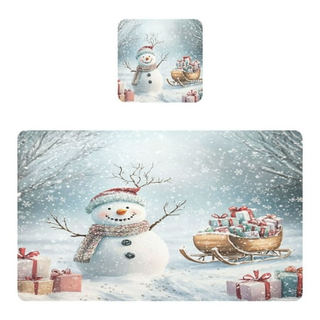 

Wobogo Snowman Next To A Sleigh Full Of Presents Placemats Coasters Set of 1 Heat-resistant Non-slip Easy to Clean Square Dinner Plate Mat