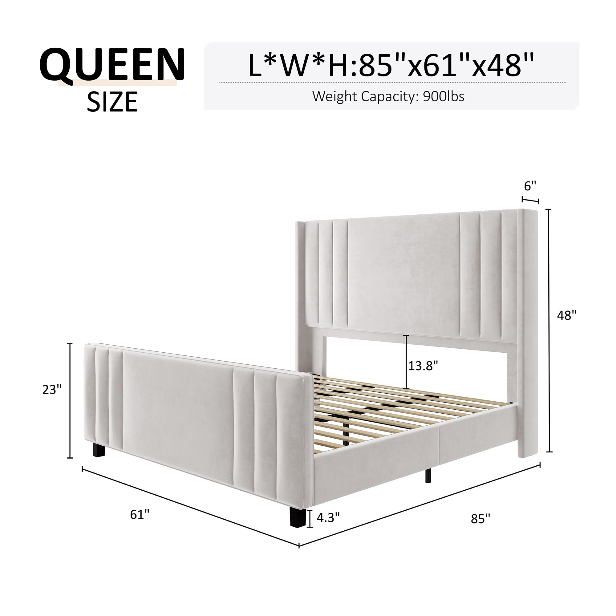 VanAcc Queen Size Bed Frame, Velvet Upholstered Platform Bed with Vertical Channel Tufted Headboard & Footboard/Wingback, with Wood Slats, Cream