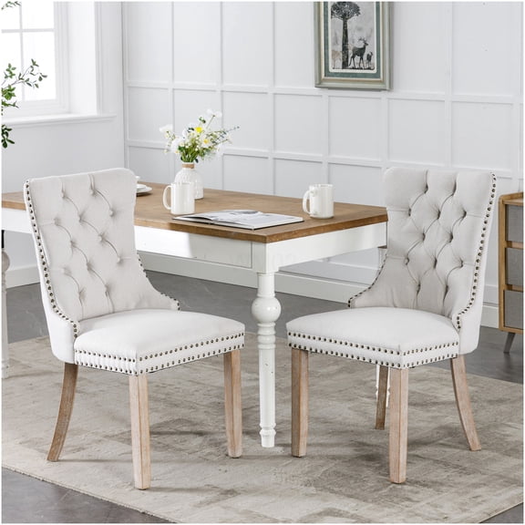 Modern Tufted Linen Upholstered Dining Chairs with Nailhead Trim, Set of 2, Beige