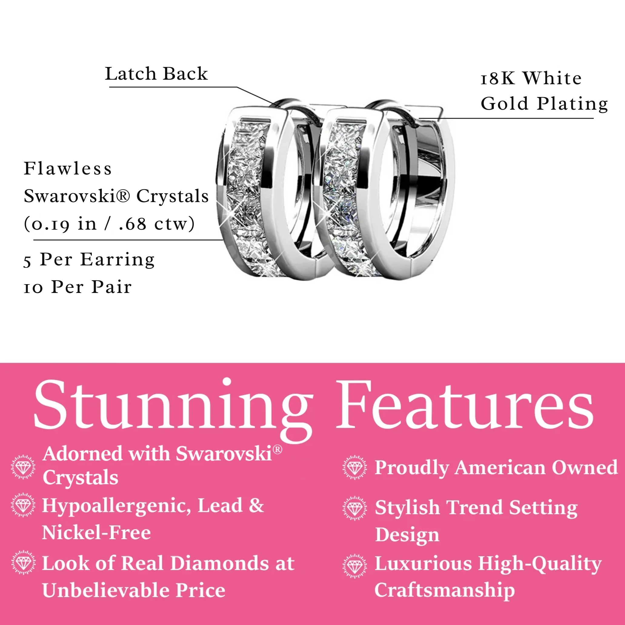 Cate & Chloe Giselle 18K White Gold Plated Hoop Earrings with Swarovski Crystals photo 3