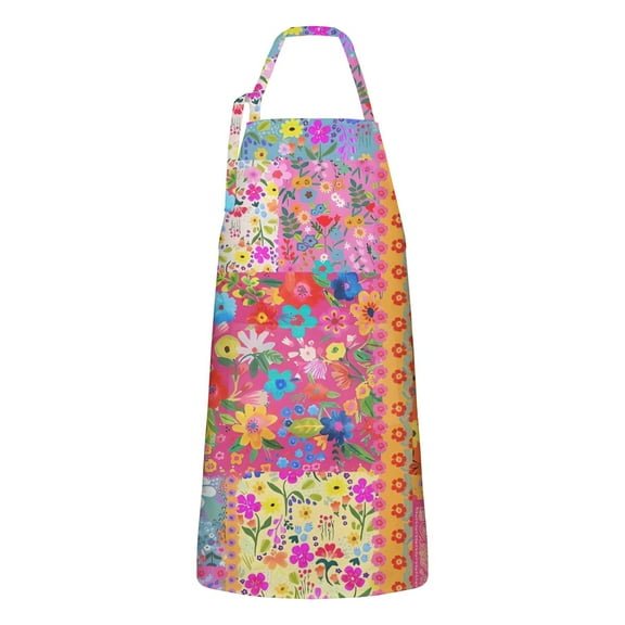Bright Pioneer Flower Patchwork Apron-Garden Aprons for Women with Pockets-Cotton Linen Waterproof Kitchen Cooking Gardening Aprons Adjustable for Kitchen,Cooking,BBQ and Salon 33x27 Inch