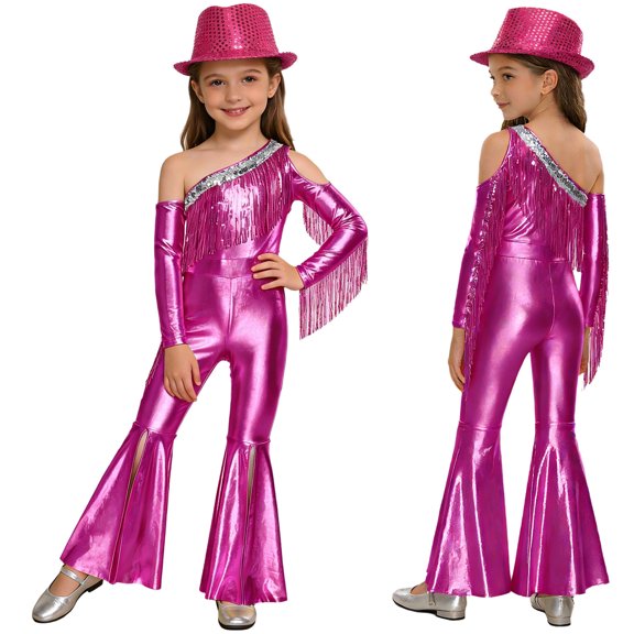 YiZYiF Girls Metallic Shiny Disco Hippie Jazz Dance Outfits Sequin Tassel Flare Jumpsuit with Hat Set Hot Pink 10