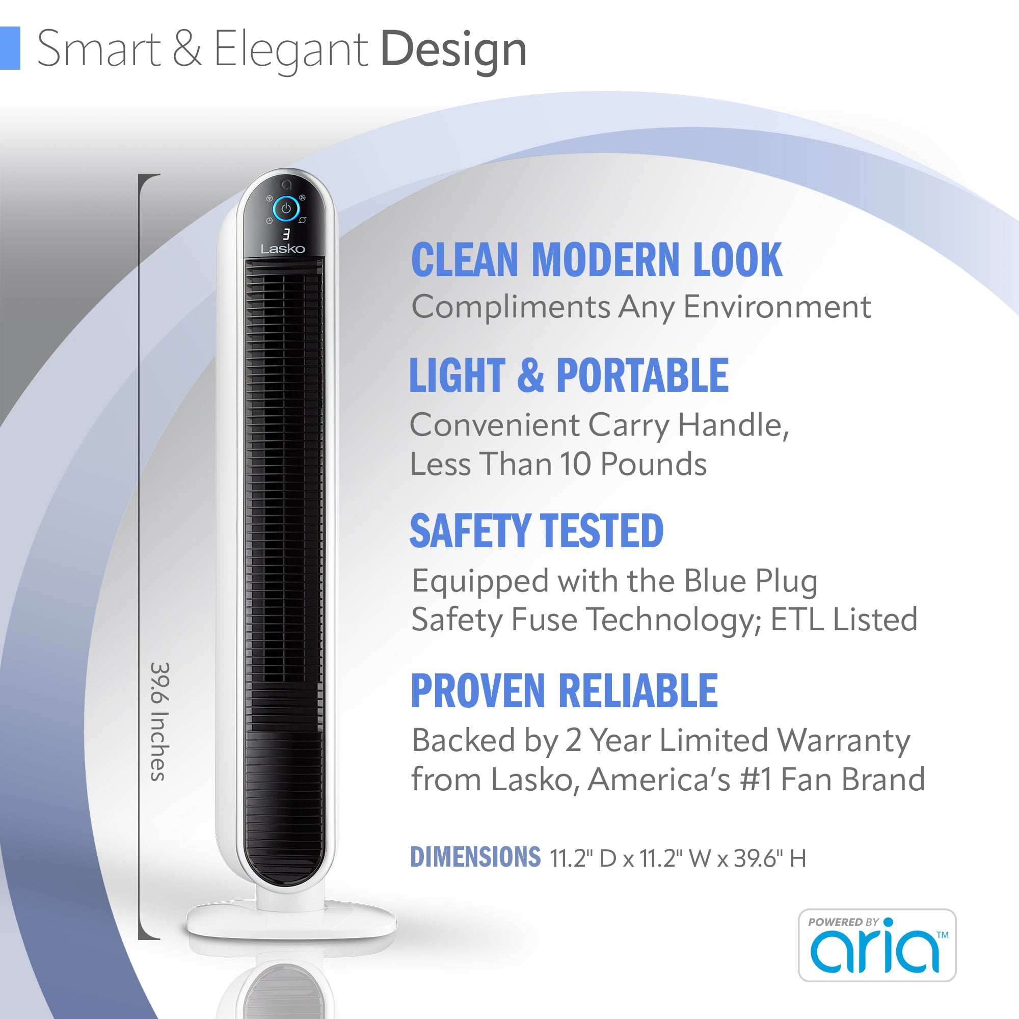 Lasko 40" 5-Speed Smart Tower Fan Powered by Aria, Wi-Fi Connected, Alexa, Google, White, T40735