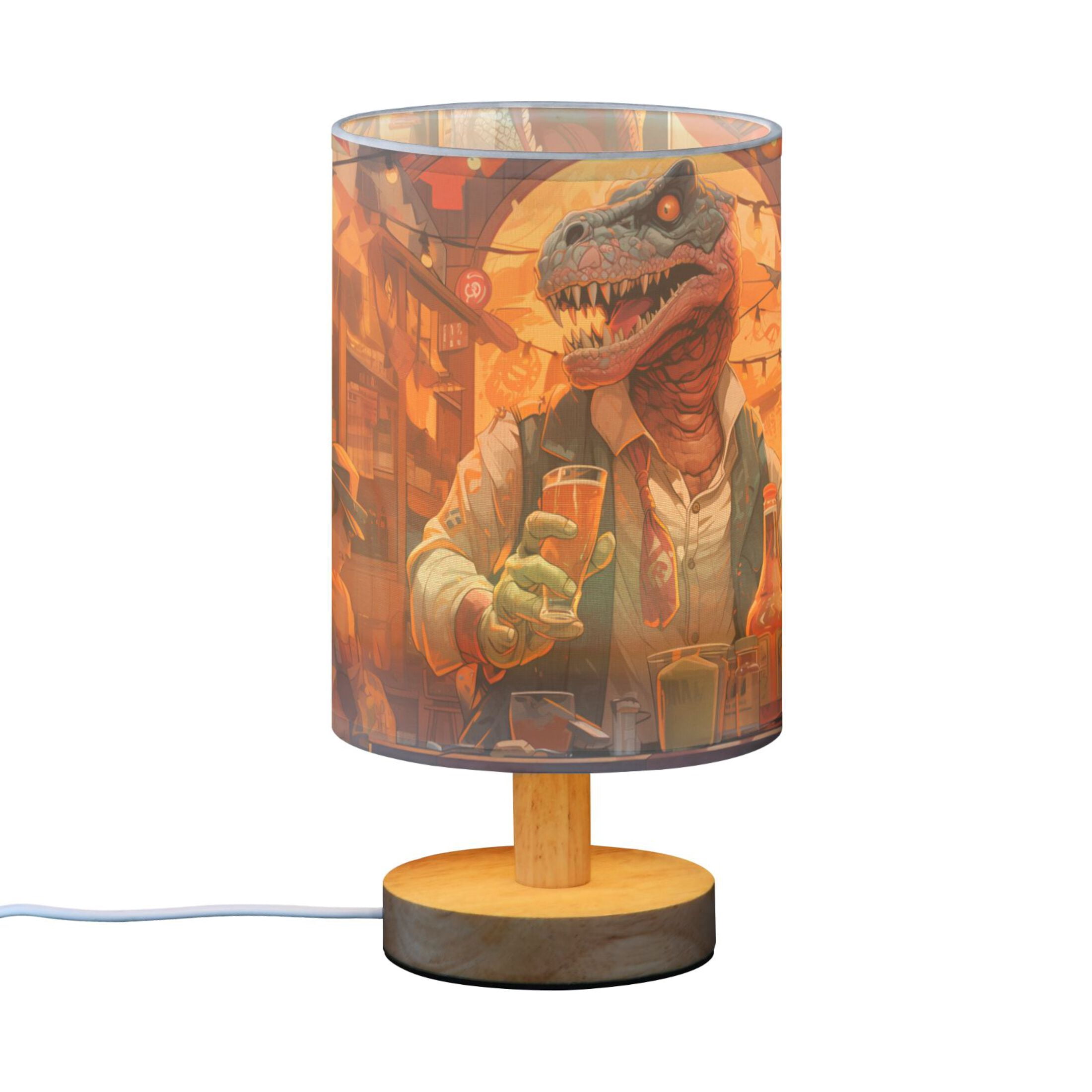 Dinosaurs Drink Desk Lamb Table Lamp USB Bedside Desk Nightstand Lamp Printed Gifts Small Lamp Wood Base for Bedroom Living Room Kids Room College Dorm