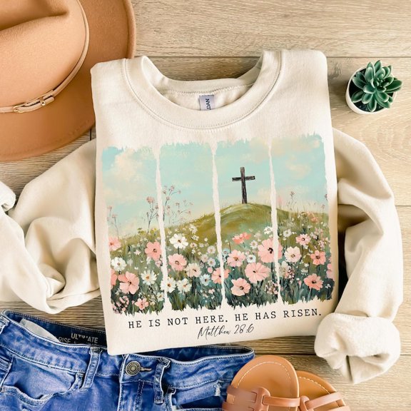 He Is Risen Sweatshirt, Easter Boho Jesus Sweatshirt, Spring Wildflower Christian Sweatshirt, Aesthetic Brushstroke Faith Shirt, Religious DTF Transfer Shirt