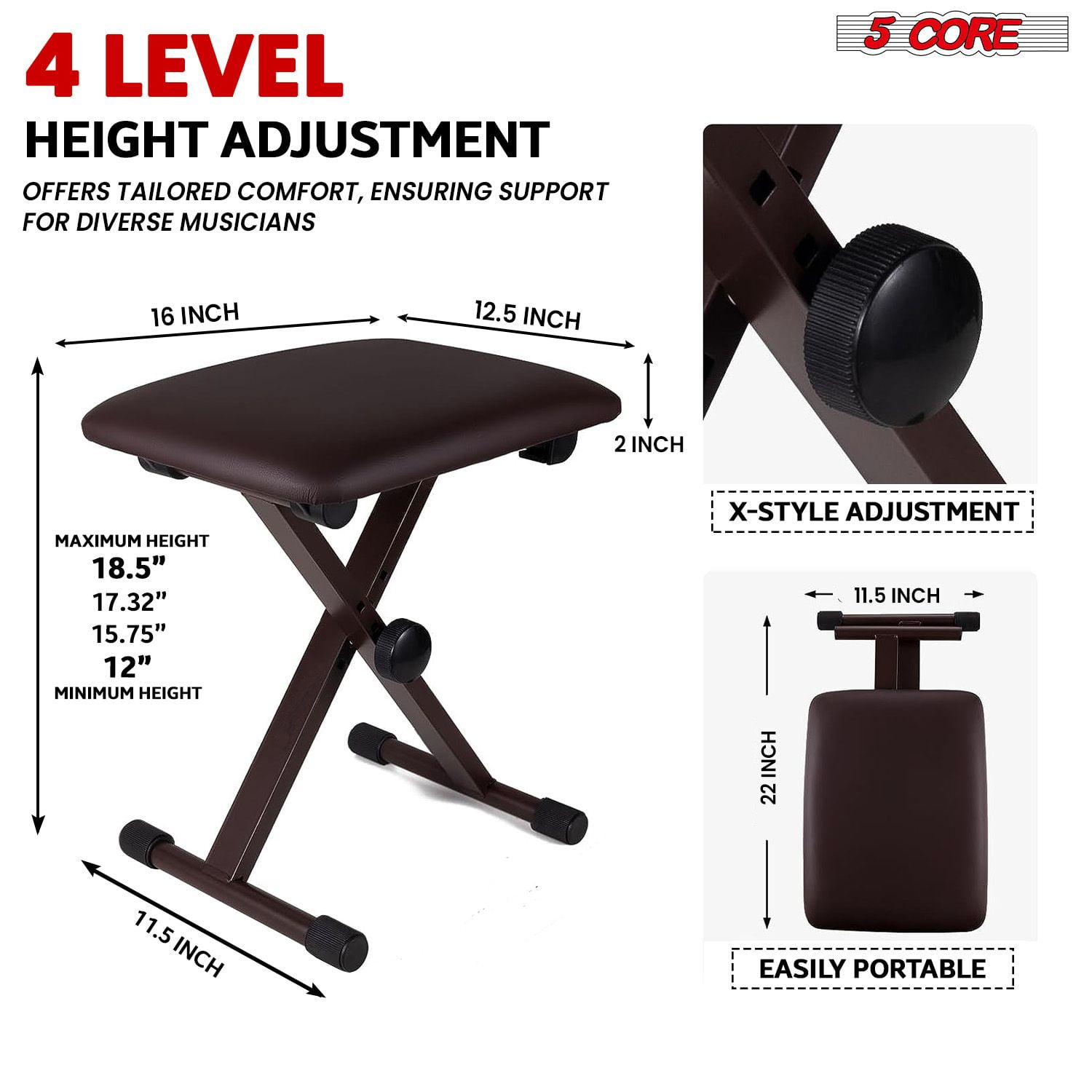 Keyboard Bench Pair X Style Piano Stool Thick Padded 12 to 18.5 inch Adjustable Keyboards Chair Brown